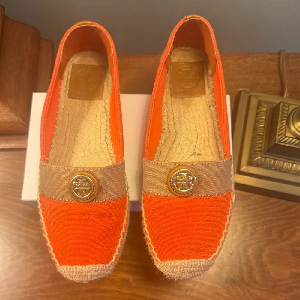 Tory Burch Beacher Orange Tan Gold Espadrilles Size 5.5
